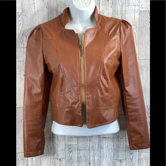 Faux Leather Cropped Jacket in Brown - Picture 2 of 7